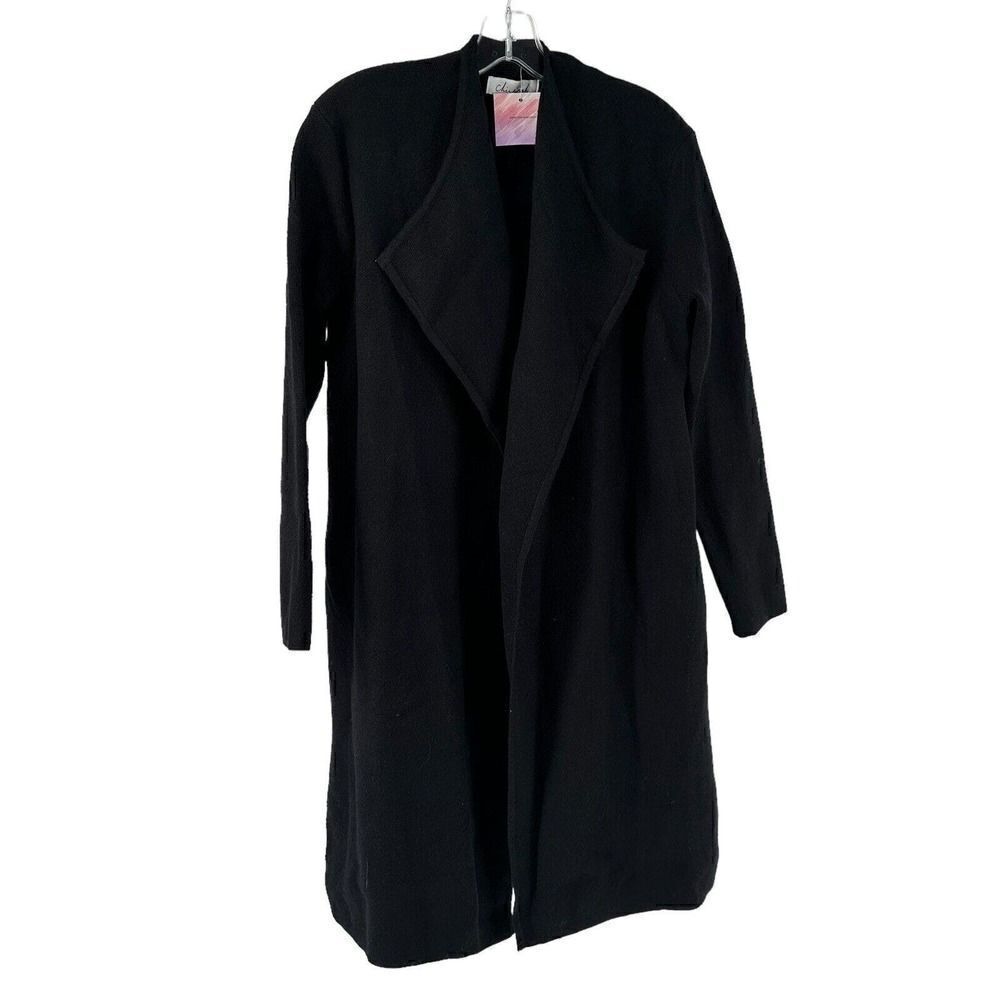 ChicWish Cardigan Sweater Black Wool Blend Long Line Size M-L Draped Open Front